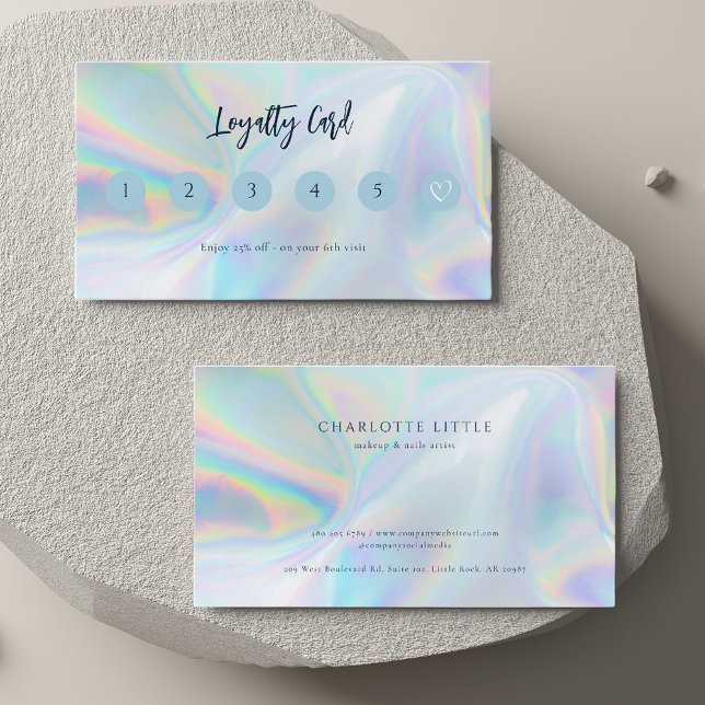 Modern affärshylografisk kund lojalitetskort (Iridescent Holographic Beautician Hair Stylist Business Loyalty Card)
