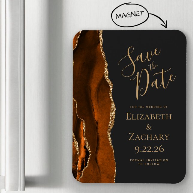 Modern Agat Bränd Orange Guld Mörk Spara Datum Magnet (Skapare uppladdad)