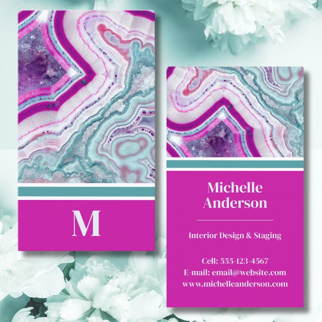 Modern Agat Monogram Visitkort (Chic Modern Monogram Initial Teal Magenta Stone Business Card)