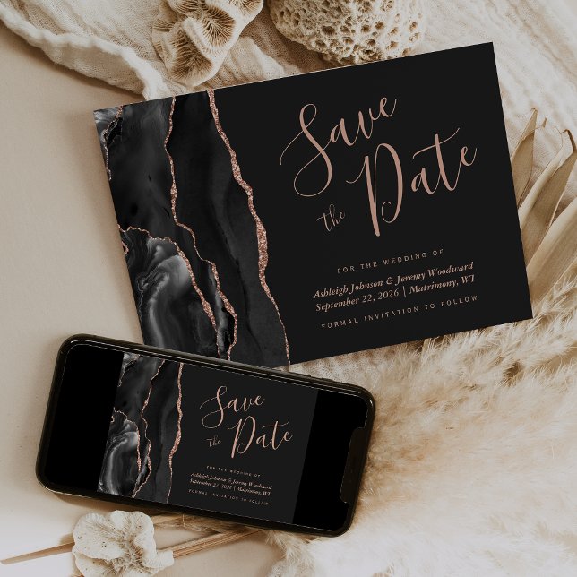 Modern Agat Svart Roséguld Mörk Save the Date Inbjudningar (Skapare uppladdad)