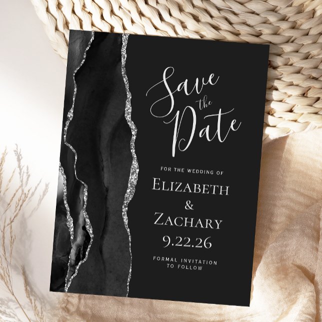 Modern Agat Svart Silver Mörk Save the Date Meddelande Vykort (Skapare uppladdad)