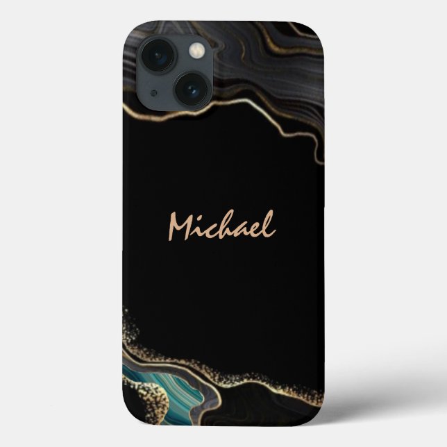 Modern Agate Black Guld Glitter-skript Namn (Baksida)