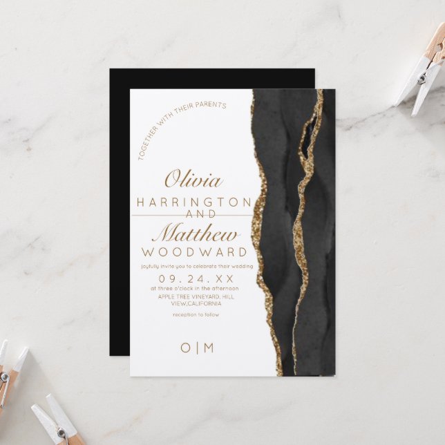 Modern Agate Black och Guld Glitter Bröllop Inbjudningar (Fram/Back In Situ)