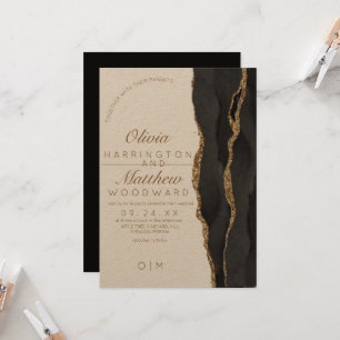 Modern Agate Black och Guld Glitter Bröllop Inbjudningar