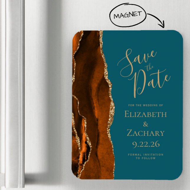Modern Agate Bränd Orange Guld Teal Spara Datum Magnet (Skapare uppladdad)