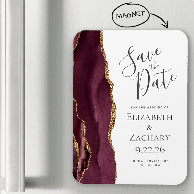 Modern Agate Burgundy Guld Spara Datum Magnet (Skapare uppladdad)