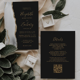 Modern Agate Grått White Guld Mörk QR-kod Bröllop Inbjudningar