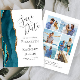 Modern Agate Teal Blue Guld 5-Photo Save Date Inbjudningar