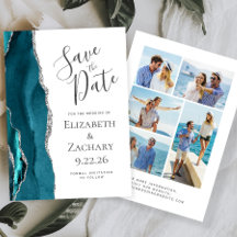 Modern Agate Teal Silver 5-Photo Save Date
