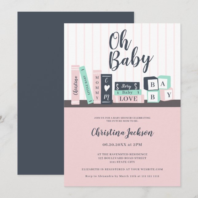 Modern åh baby bok bibliotek barndusch inbjudningar (Fram/baksida)