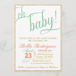 Modern Åh Babyskusen Coral Mint Guld Glitter Inbjudningar
