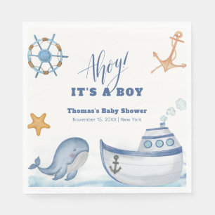Modern Ahoy Boy Whale Sailboat Shower Pappersservett