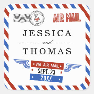Modern Airmail Bröllop-samling Fyrkantigt Klistermärke