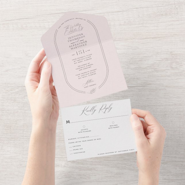 Modern Airy Light Soft Rosa Bröllop allt i en Inv (Avrivbar del)