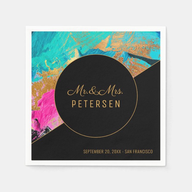 Modern akrylmålning, guld bröllop, herr och fru pappersservett (Framsidan)