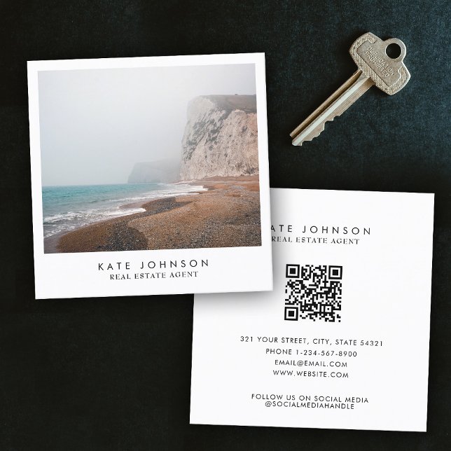 Modern äkta Fullt-foto för Agent-stranden i Gods Fyrkantigt Visitkort (Modern Real Estate Agent Beach Ocean Full Photo Square Business Card)