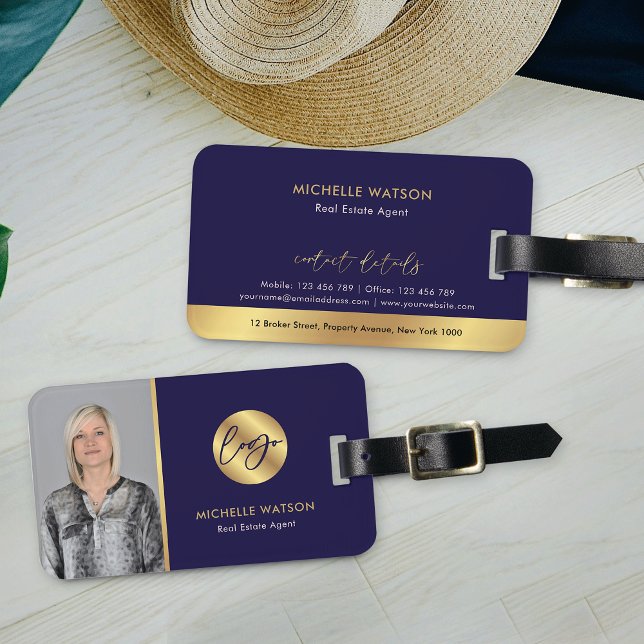 Modern äkta Gods Agent-foto för marin Logotyp och  Bagagebricka (Elegant navy blue and gold effects photo luggage tag with your logo and contact details)