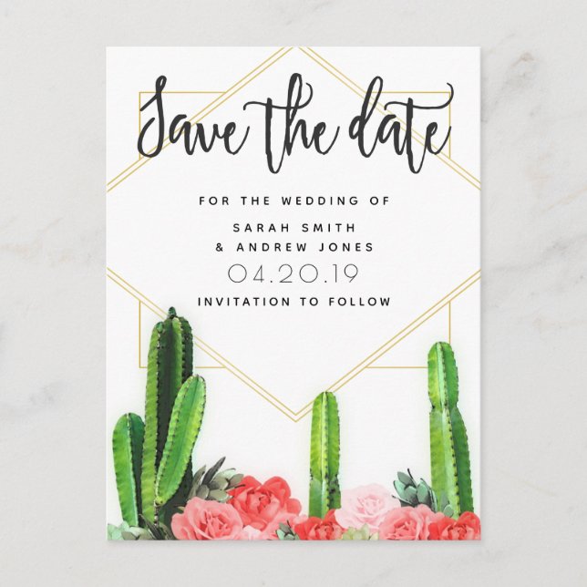 Modern aktus, Succult och Blommigt Spara datum Vykort (Framsida)