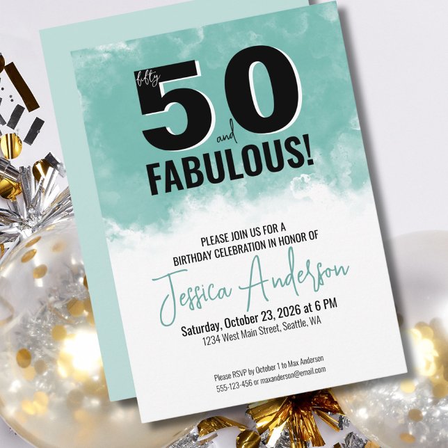 Modern Akvarell 50-års Födelsedagsfest Inbjudningar (Modern Watercolor Fifty Fabulous 50th Birthday Invitation )