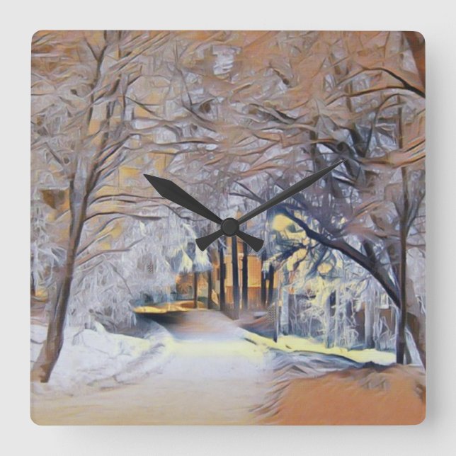 Modern akvarell av färgade snötäckta träd fyrkantig klocka (Framsida)