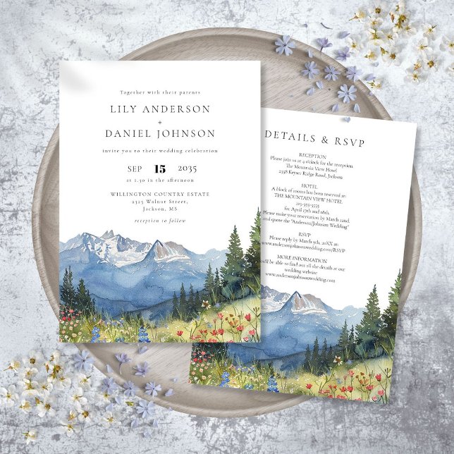 Modern Akvarell Berg Vildblomma Bröllop Inbjudningar (Modern Watercolor Mountain Wildflower Wedding Invitation)