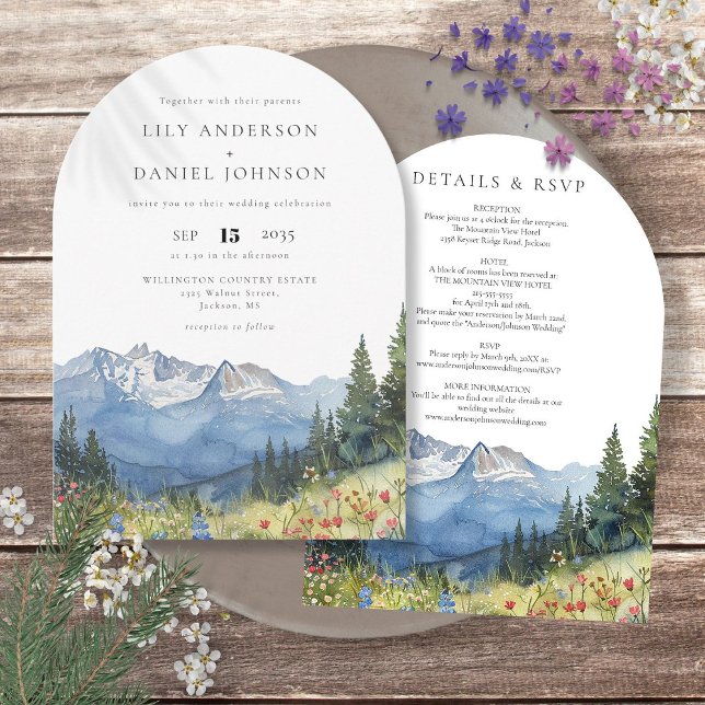 Modern akvarell berg vildblomma vigselbåge inbjudningar (Modern Watercolor Mountain Wildflower Wedding Arch Invitation)