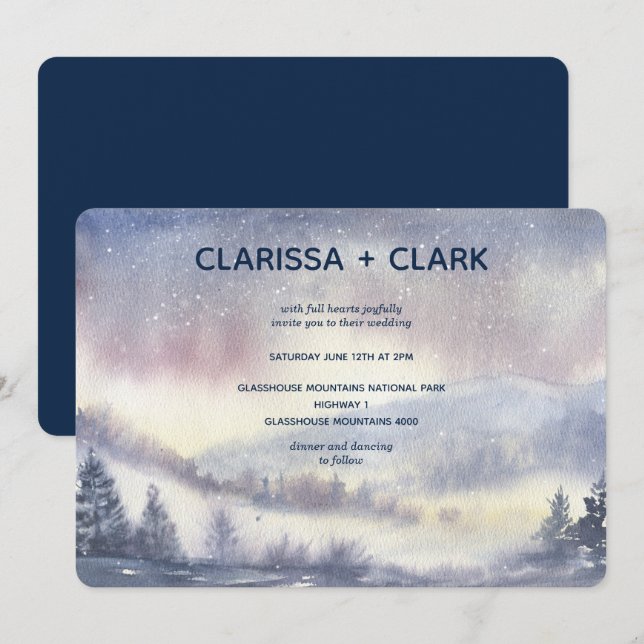 Modern akvarell berglandskapsbröllop inbjudningar (Fram/baksida)