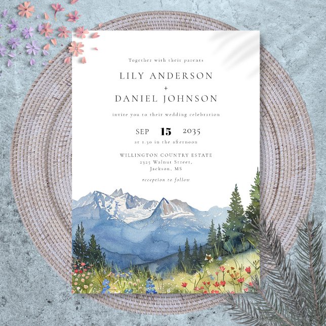Modern akvarell bergsvildblomma bröllop inbjudningar (Modern Watercolor Mountain Wildflower Wedding Invitation)