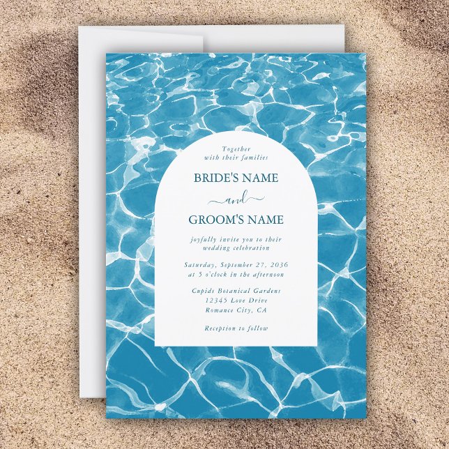 Modern akvarell blå havsbryllop inbjudningar (Modern Watercolor Blue Ocean Beach Wedding Invitation)