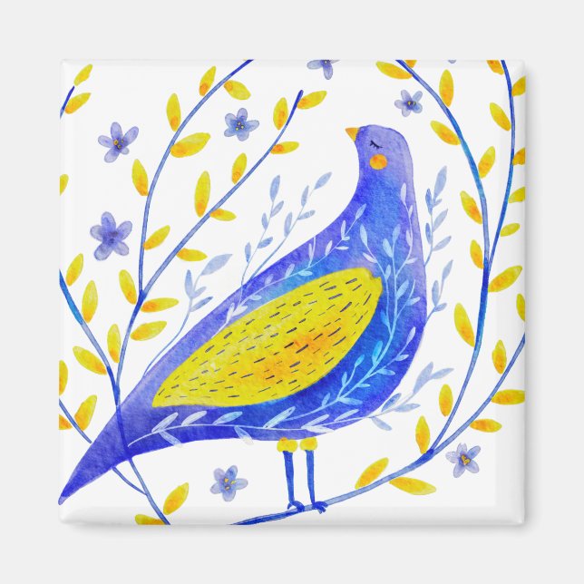 Modern akvarell Blå och Gul Fågel Konst Magnet (Framsidan)