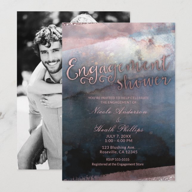 Modern akvarell Blå Ros Guld Förlovningsfoto Inbjudningar (Fram/baksida)