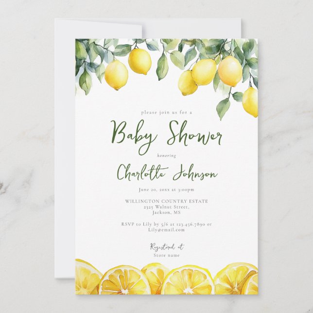 Modern akvarell citron Citrus Baby Shower Inbjudningar (Framsida)