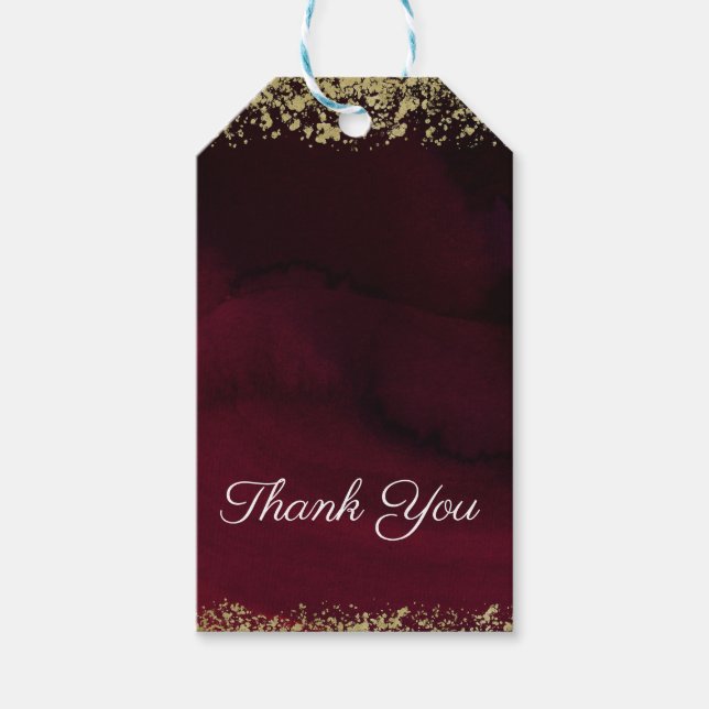Modern Akvarell Dyster Vinröd & Guld Bröllop Presentetikett (Framsidan)
