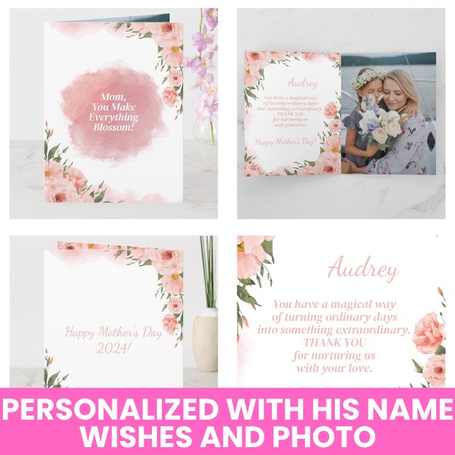 Modern akvarell Elegant Rosa Blommig Mors Dag  Kort (Modern Watercolor Elegant Pink Floral Mothers Day Card)