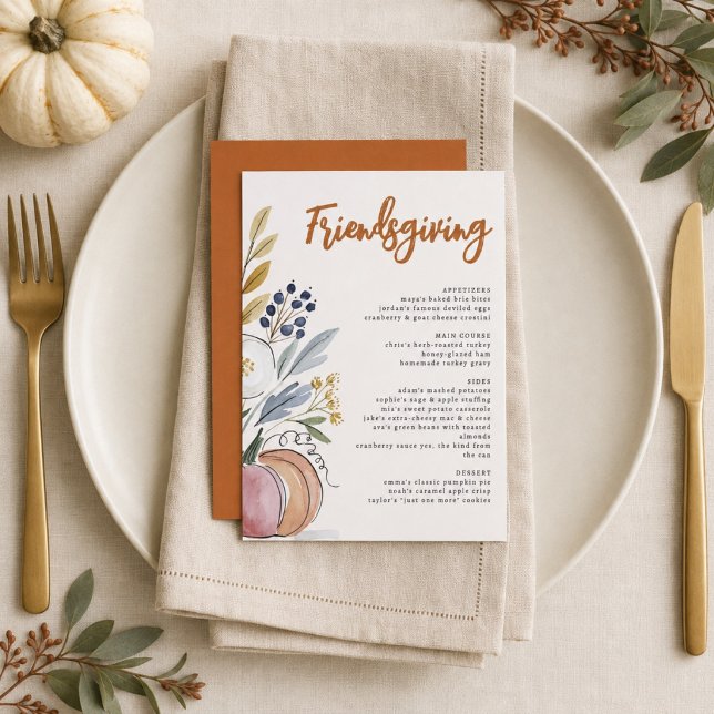 Modern akvarell Friendsgiving Potluck Middag Meny (Skapare uppladdad)