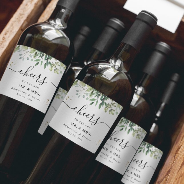 Modern akvarell Gröna blad Gren Vinflaska Etikett (Skapare uppladdad)