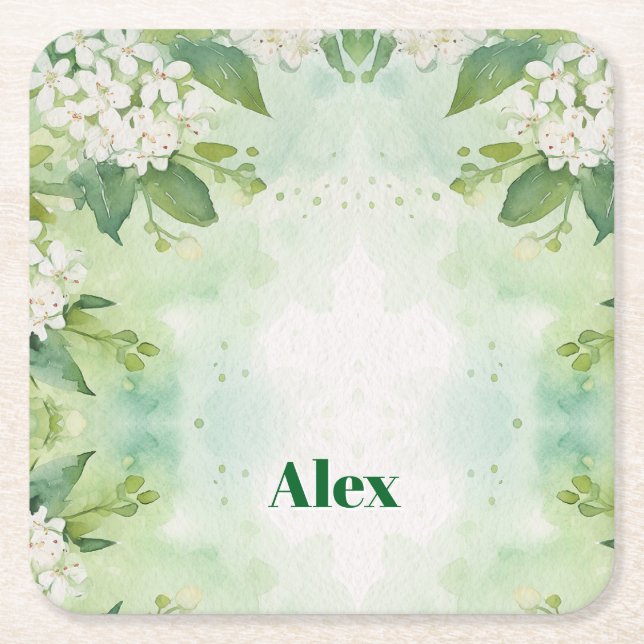 Modern akvarell gröna blommor & anpassa underlägg papper kvadrat (Framsidan)