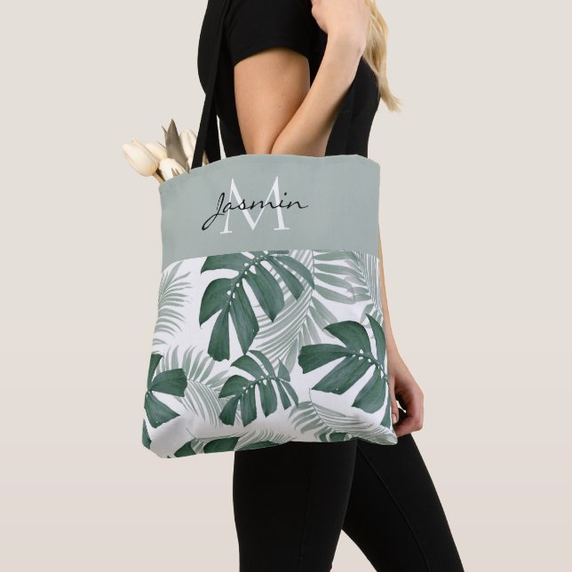 Modern akvarell gröna Monstera blad monogram Tygkasse (Närbild)