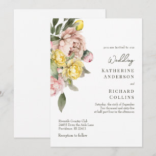 Modern akvarell gul & rosa peonies bröllop inbjudningar