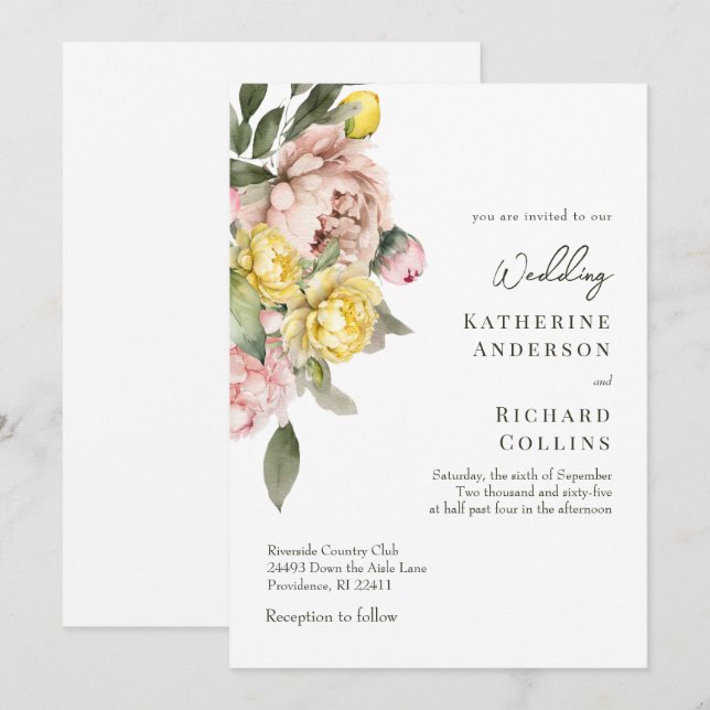 Modern akvarell gul & rosa peonies bröllop inbjudningar (Fram/baksida)