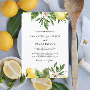 Modern akvarell gula citroner & blad inbjudningar