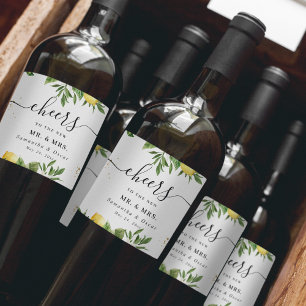 Modern akvarell Gula Citroner & blad Vinflaska Etikett