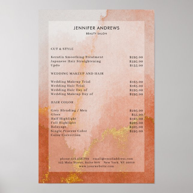 Modern akvarell Guld Salong Prislista Poster (Framsidan)