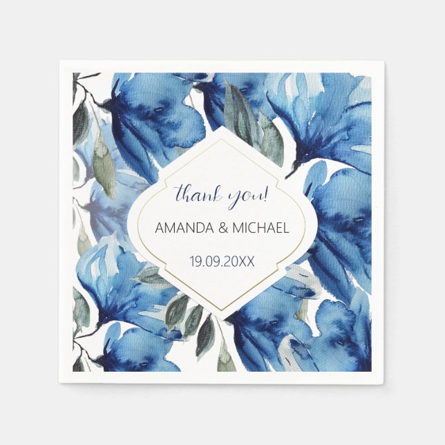 Modern Akvarell Indigo Blå Blommig Pappersservett (Framsidan)
