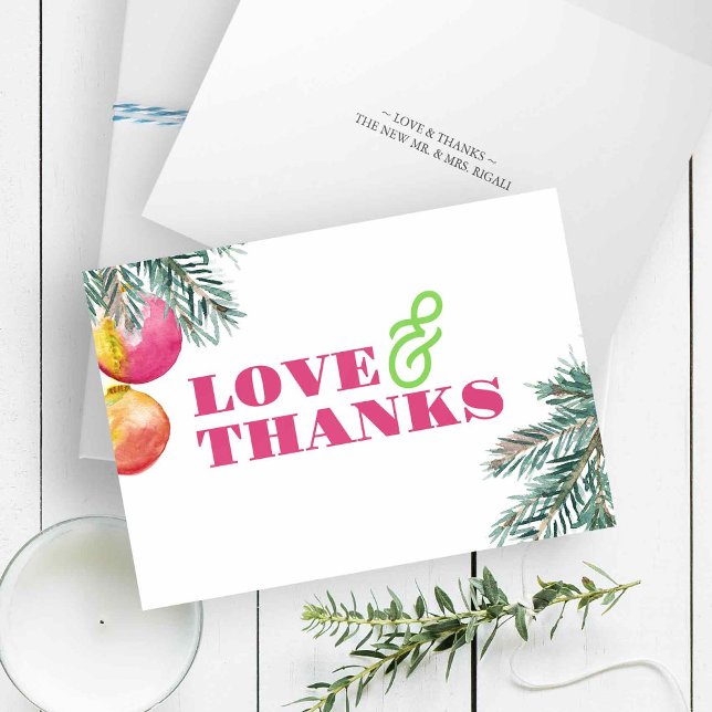 Modern akvarell jul tack brev kort (Folded Christmas thank you cards with watercolor pine boughs and pink baubles for pinkmas)