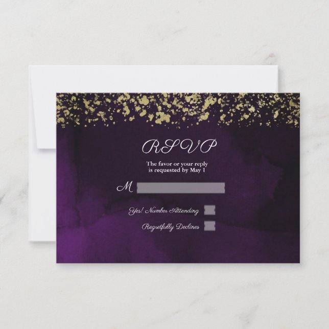 Modern akvarell kunglig lila & guld bröllop RSVP OSA Kort (Framsida)
