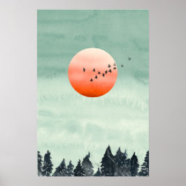 Modern akvarell Landskaps Solnedgång Fåglar Träd P Poster
