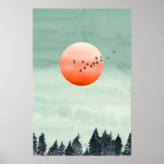 Modern akvarell Landskaps Solnedgång Fåglar Träd P Poster (Framsidan)
