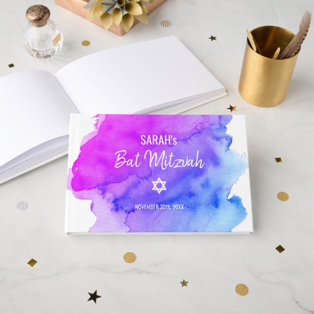 Modern akvarell lila blå stjärna BAT MITZVAH Gästböcker (Framsida öppen)