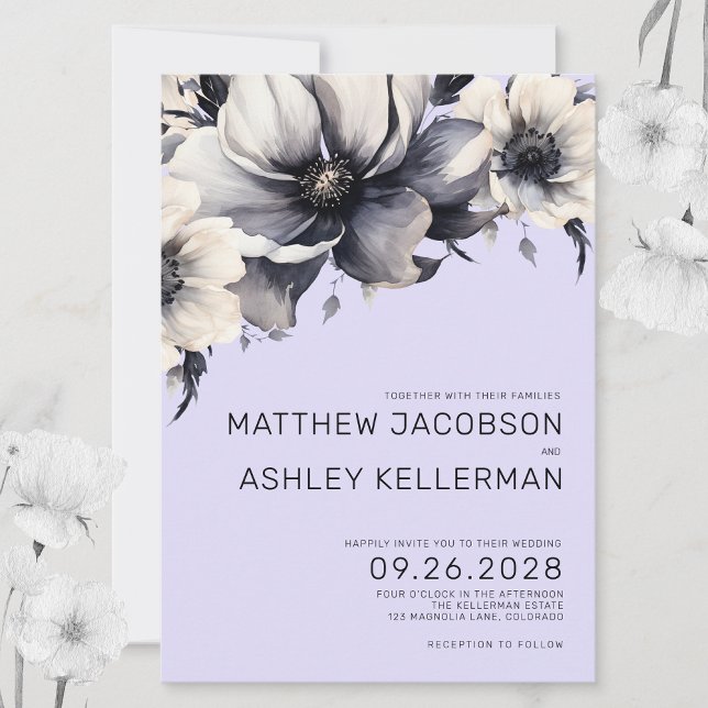 Modern Akvarell Lila Blommig Bröllop Inbjudningar (Chic Modern Lilac Lavender Purple Floral Wedding Invitation)